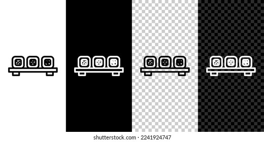 Fijar la línea Sushi en el icono del tablero de corte aislado en el fondo blanco y negro. Sushi de comida asiática en tablero de madera.  Vector