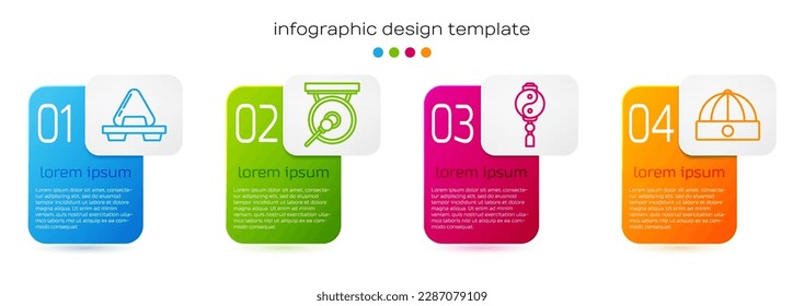 Set line Sushi on cutting board, Gong, Yin Yang and Chinese hat. Business infographic template. Vector