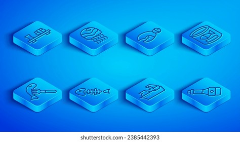 Set line Sushi on cutting board, Jellyfish, Lobster or crab claw, Fish skeleton, Fishing boat, Canned, Served plate and Soy sauce bottle icon. Vector