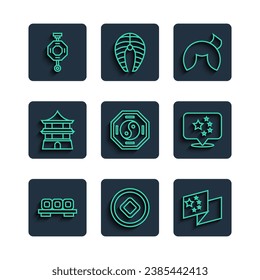 Set line Sushi on cutting board, Chinese Yuan currency, China flag, fortune cookie, Yin Yang, house, paper lantern and  icon. Vector