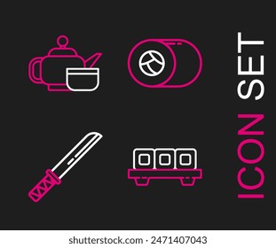 Set line Sushi on cutting board, Traditional Japanese katana,  and tea ceremony icon. Vector