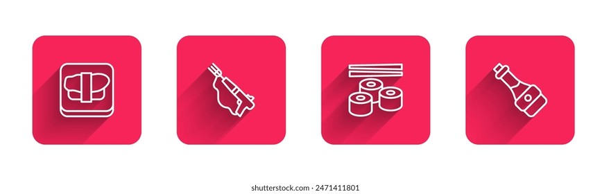 Setze Linie Sushi auf Schneidebrett, Angelharpune und Sojasauce Flasche mit langem Schatten. Rotes Quadrat Button. Vektorgrafik