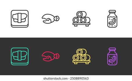 Set line Sushi on cutting board, Lobster or crab claw,  and Sea cucumber jar on black and white. Vector