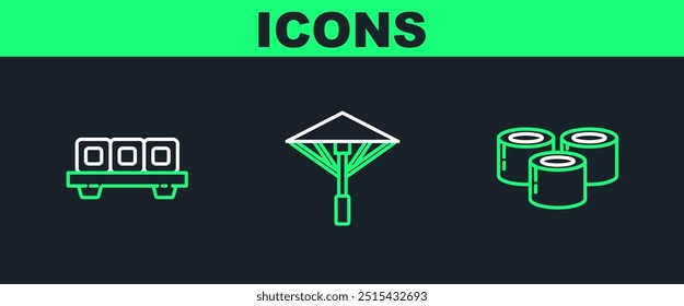 Set line Sushi, on cutting board and Japanese umbrella from the sun icon. Vector