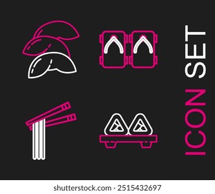 Set line Sushi on cutting board, Asian noodles and chopsticks, Geta traditional Japanese shoes and Chinese fortune cookie icon. Vector