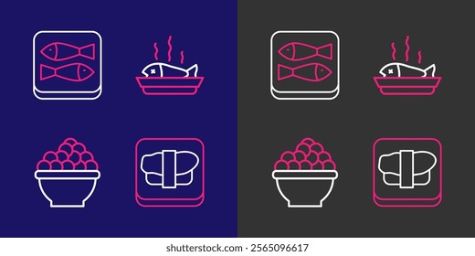 Set line Sushi on cutting board, Caviar, Served fish plate and Canned icon. Vector