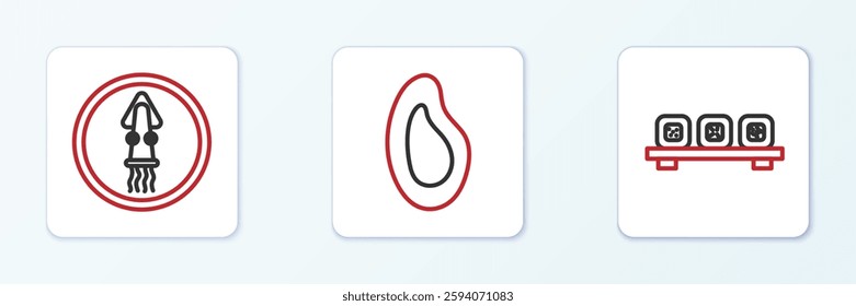 Set line Sushi on cutting board, Octopus plate and Mussel icon. Vector