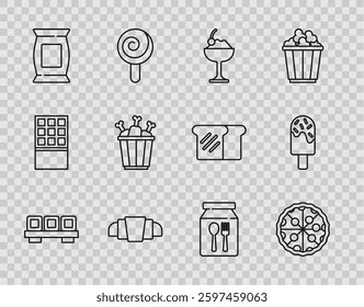 Set line Sushi on cutting board, Pizza, Ice cream bowl, Croissant, Bag or packet potato chips, Chicken leg package box, Online ordering and delivery and  icon. Vector