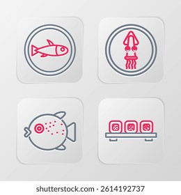 Set line Sushi on cutting board, Puffer fish, Octopus plate and Served icon. Vector