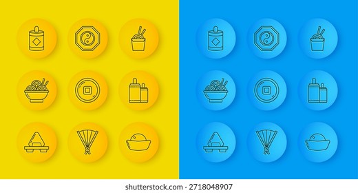 Set line Sushi on cutting board, Asian noodles bowl, Chinese Yuan currency, Firework, paper box and chopsticks and Yin Yang icon. Vector