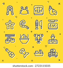 Fije la línea de sushi en la tabla de cortar, pescador, corte y cuchillo, pulpo de tentáculo, estrella de mar, filete y con el icono de piezas en rodajas. Vector