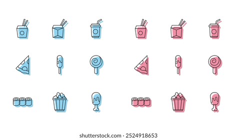 Set line Sushi, Palomitas de maíz en caja, fideos asiáticos y palillos, pierna de pollo, helado, piruleta, rebanada de pizza e icono. Vector