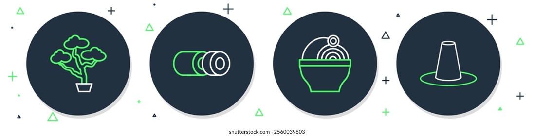 Set line Sushi, Ramen, Bonsai tree and Korean hat icon. Vector