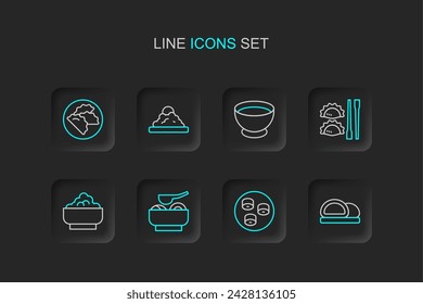 Set line Sushi, Ramen soup bowl, Rice in, Dumpling with chopsticks, Soy sauce,  and  icon. Vector