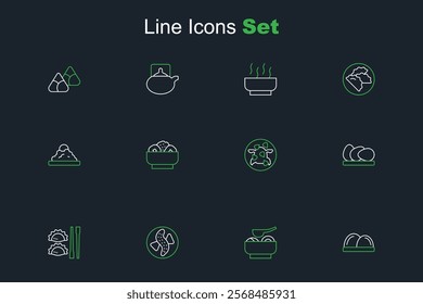 Set line Sushi, Ramen soup bowl, Served cucumber on plate, Dumpling with chopsticks, Chicken egg, Kung Pao chicken, Chow mein and Rice icon. Vector