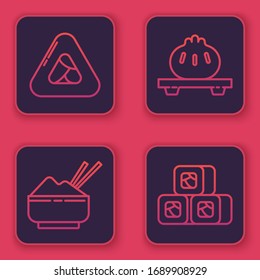 Set line Sushi, Rice in a bowl with chopstick, Dumpling on cutting board and Sushi. Blue square button. Vector