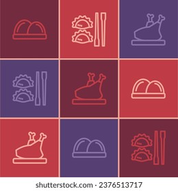 Set line Sushi, Roasted turkey or chicken and Dumpling with chopsticks icon. Vector
