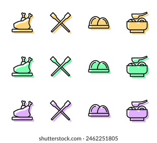 Set line Sushi, Roasted turkey or chicken, Food chopsticks and Ramen soup bowl icon. Vector