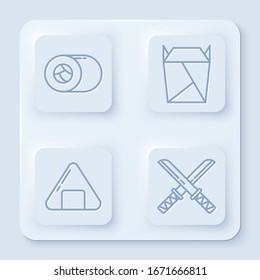 Set line Sushi, Rstaurant opened take out box filled, Sushi and Traditional Japanese katana. White square button. Vector