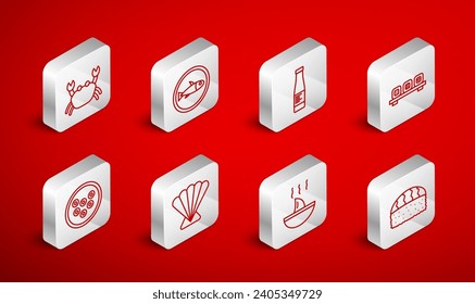 Set line Sushi, Served fish on a plate, Sauce bottle, cutting board, Shark fin soup, Crab, Scallop sea shell and Caviar icon. Vector