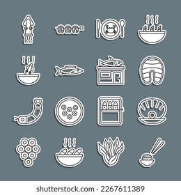 Set line Sushi, Shell with pearl, Fish steak, Served crab on plate, Soup octopus, Octopus and Seafood store icon. Vector