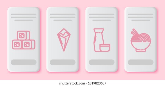 Set line Sushi, Temaki roll, Traditional Japanese tea ceremony and Asian noodles in bowl and chopsticks. White rectangle button. Vector