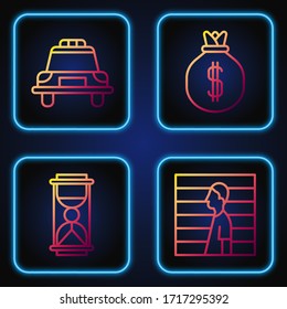 Set line Suspect criminal, Old hourglass with sand, Police car and flasher and Money bag. Gradient color icons. Vector