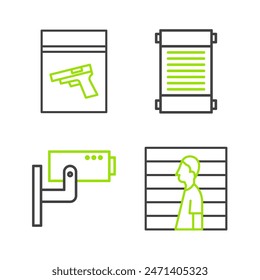 Set line Suspect criminal, Security camera, Decree, paper, parchment, scroll and Evidence bag and pistol or gun icon. Vector