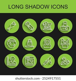 Set line Suspect criminal, System bug, Broken bottle as weapon, Bloody knife, Burning car, Lock picks for lock picking, window and Thief mask icon. Vector