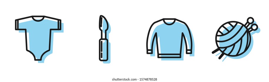 Set line Sweater, Baby clothes, Cutter tool and Yarn ball with knitting needles icon. Vector