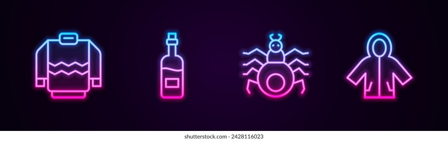 Set line Sweater, Bottle of wine, Spider and Raincoat. Glowing neon icon. Vector