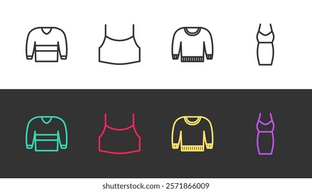 Set line Sweater, Female crop top,  and Woman dress on black and white. Vector