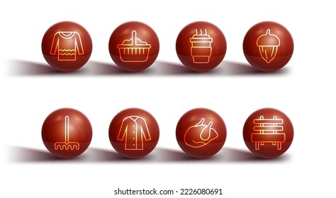 Set line Sweater, Garden rake, Acorn, Roasted turkey chicken, Raincoat, Basket, Bench and Coffee cup to go icon. Vector