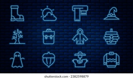 Set line Sweater, Hive for bees, Winter scarf, School backpack, Bare tree, Waterproof rubber boot, Raincoat and Sun and cloud weather icon. Vector