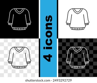 Set line Sweater icon isolated on black and white, transparent background. Pullover icon. Sweatshirt sign.  Vector