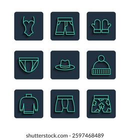 Set line Sweater, Men underpants, Swimming trunks, Christmas mittens, Man hat, Swimsuit and Beanie icon. Vector