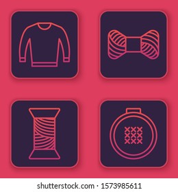 Set line Sweater, Sewing thread on spool, Sewing thread on spool and Round adjustable embroidery hoop. Blue square button. Vector