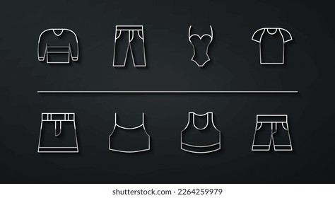 Set line Sweater, Skirt, T-shirt, Female crop top, Pants, Short or pants and Swimsuit icon. Vector