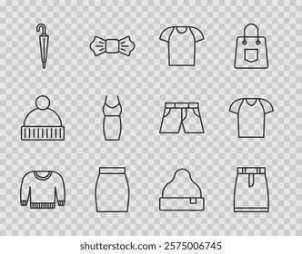 Set line Sweater, Skirt, T-shirt, Umbrella, Woman dress, Beanie hat and  icon. Vector