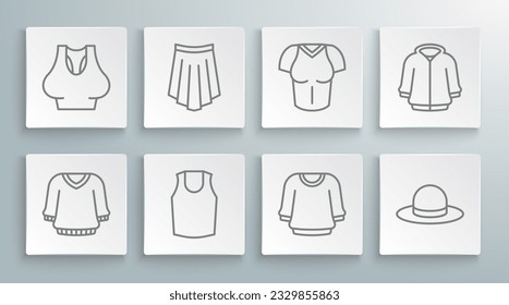 Set line Sweater, Skirt, Undershirt, Man hat, T-shirt, Hoodie and  icon. Vector