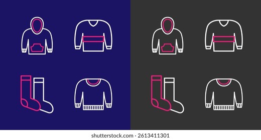 Set line Sweater, Socks,  and Hoodie icon. Vector