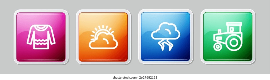 Set line Sweater, Sun and cloud weather, Storm and Tractor. Colorful square button. Vector