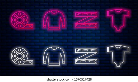 Set line Sweater, Tape measure, Tape measure and Baby clothes. Glowing neon icon on brick wall. Vector