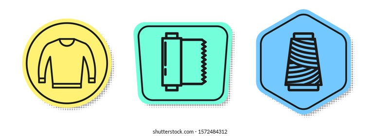 Set line Sweater, Textile fabric roll and Sewing thread on spool. Colored shapes. Vector