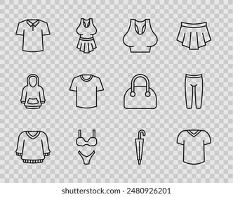 Set line Sweater, T-shirt, Undershirt, Swimsuit, Shirt, Umbrella and Leggings icon. Vector