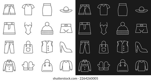 Set line Sweater, Woman shoe, Men underpants, Skirt, Swimsuit, Short or and Beanie hat icon. Vector