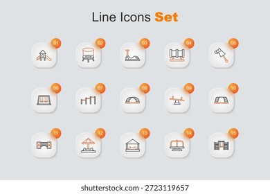 Set line pared sueca, carrusel de atracción, Sandbox con arena, parque infantil puente para niños, bar de monos, balancín e icono. Vector