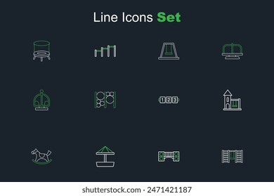 Set line Swedish wall, Playground kids bridge, Sandbox with sand, Horse in saddle swing, Swing for, Education logic game, climbing equipment and Attraction carousel icon. Vector