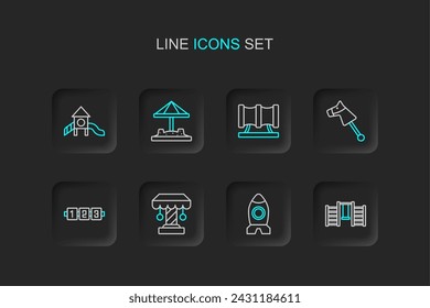 Set line Swedish wall, Rocket ship toy, Attraction carousel, Education logic game, Toy horse, Kid playground slide pipe, Sandbox with sand and Slide icon. Vector