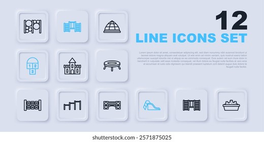 Set line Swedish wall, Sandbox with sand, castle, Slide playground, Hopscotch, Sport horizontal bar,  and Playground kids bridge icon. Vector